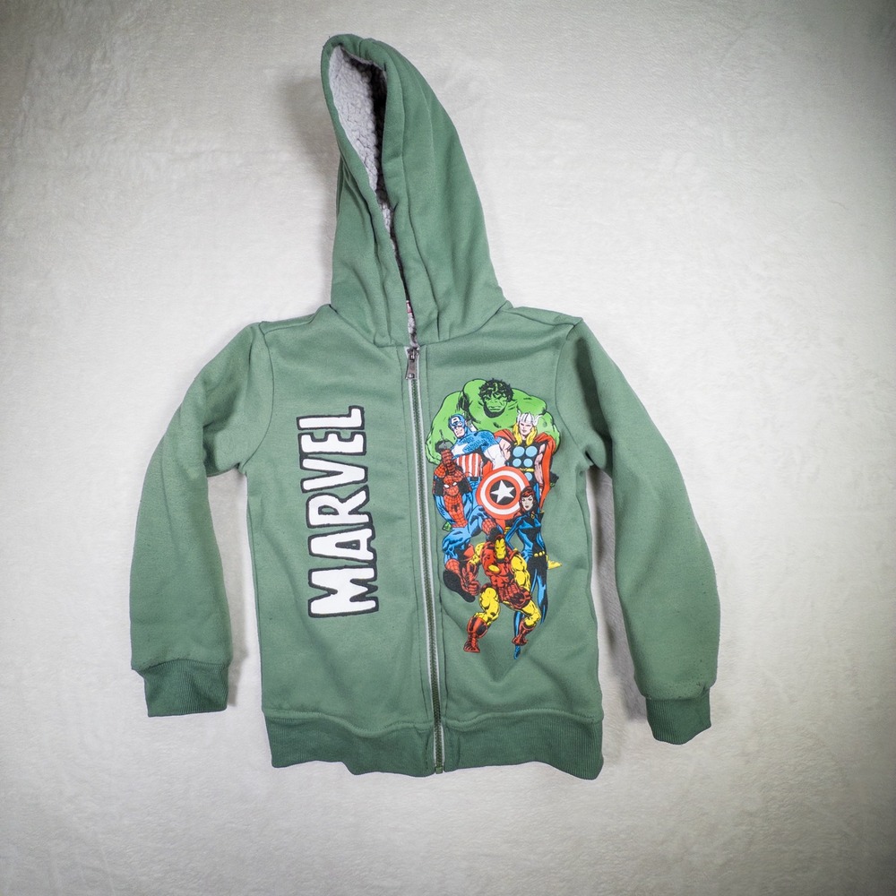 Kids Marvel Avengers Green Sherpa Lined Zip Up Hoodie‎ Sweatshirt Size 7